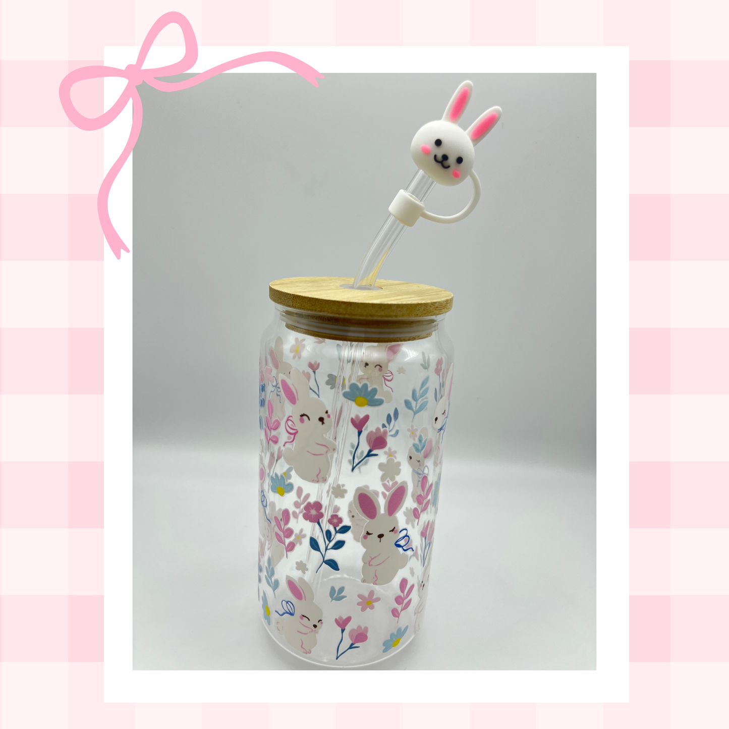 Double sided Spring Bunnies Blossom 18 Oz Glass cup with Bamboo lid, Straw topper and Gift Box