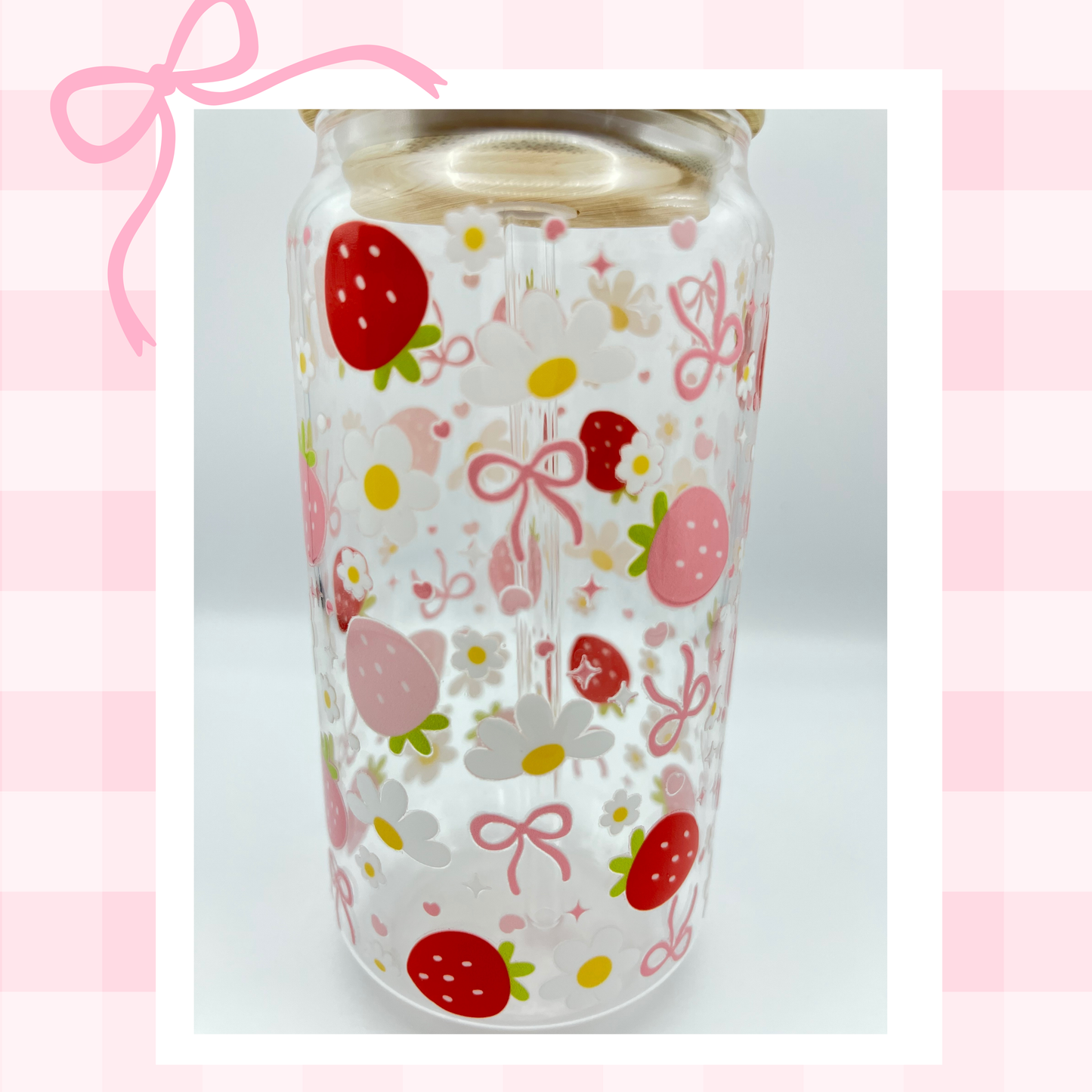 Double sided Strawberries 18 Oz Glass cup with Bamboo lid, Straw toppers and Gift Box.