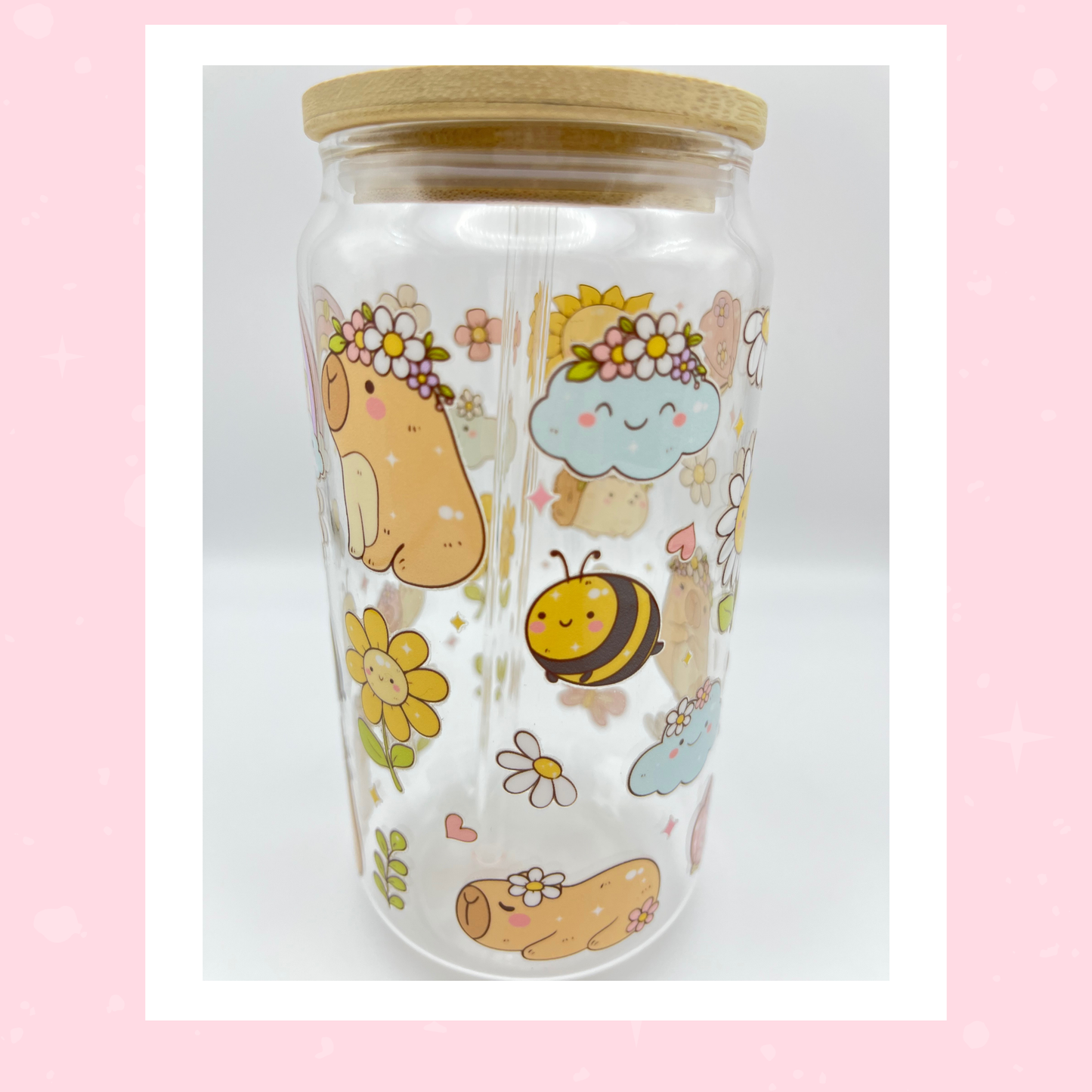 Double sided Capybara 18 Oz Glass cup with Bamboo lid, Straw toppers and Gift box.