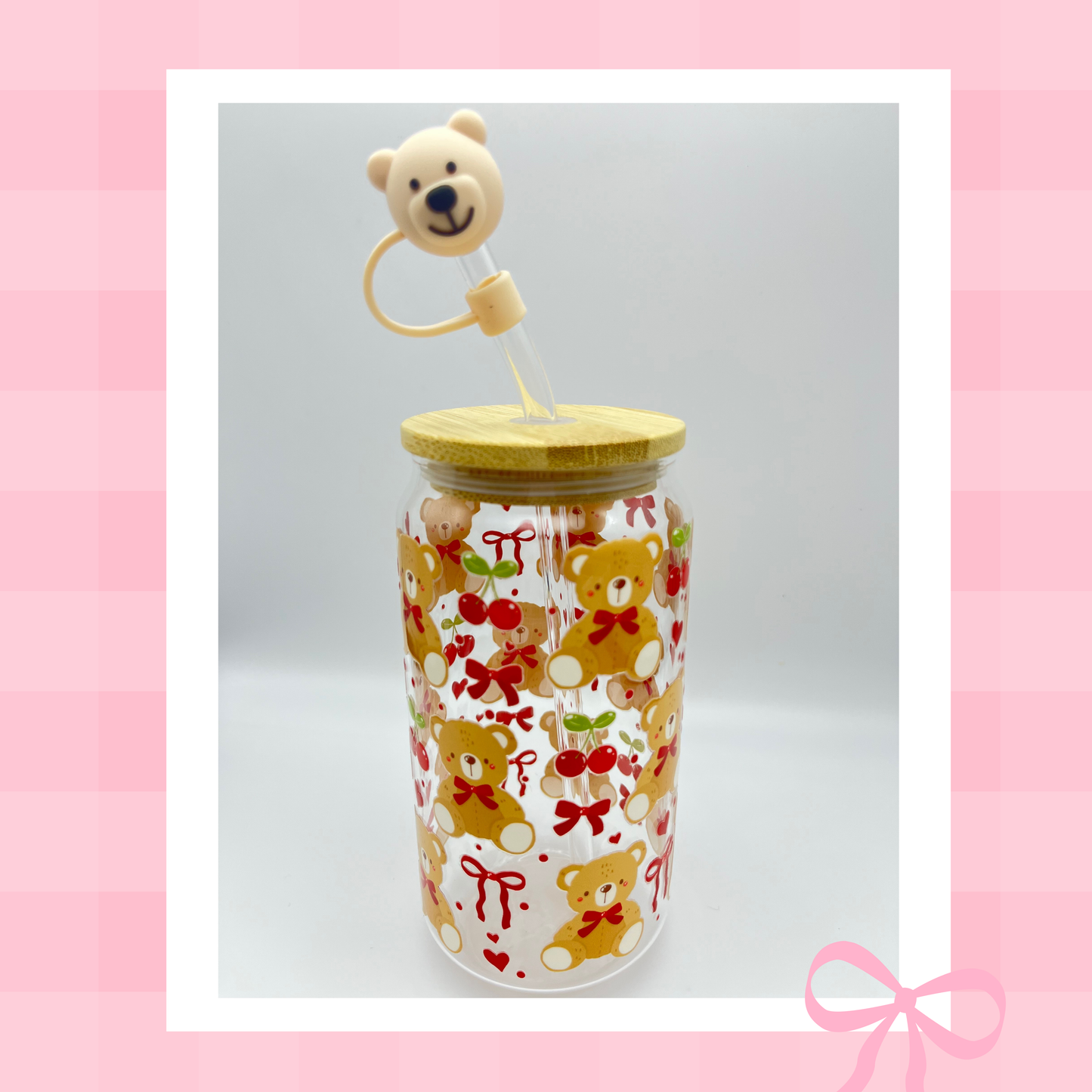 Double sided Bears and Cherries 18 Oz Glass cup with Bamboo lid, Straw topper and Gift Box.