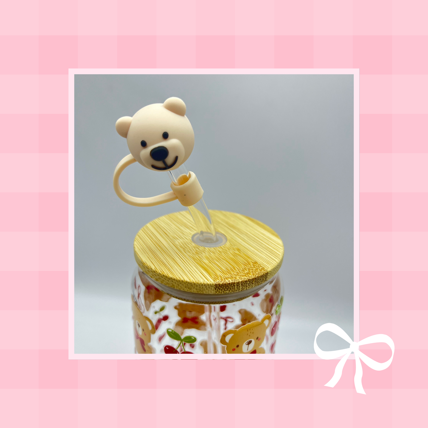 Double sided Bears and Cherries 18 Oz Glass cup with Bamboo lid, Straw topper and Gift Box.