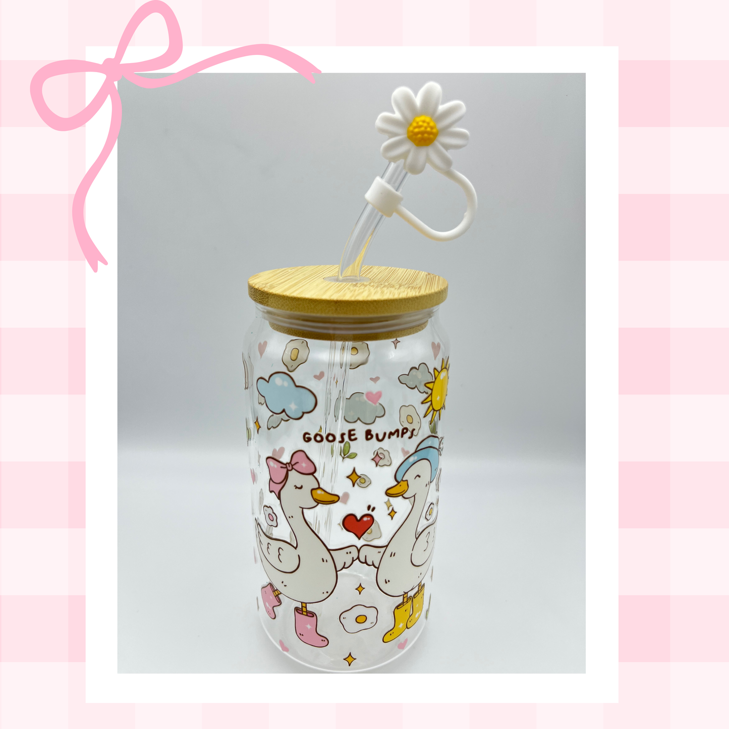 Double sided Goose Bumps 18 Oz Glass cup with Bamboo lid, Straw topper and Gift Box.