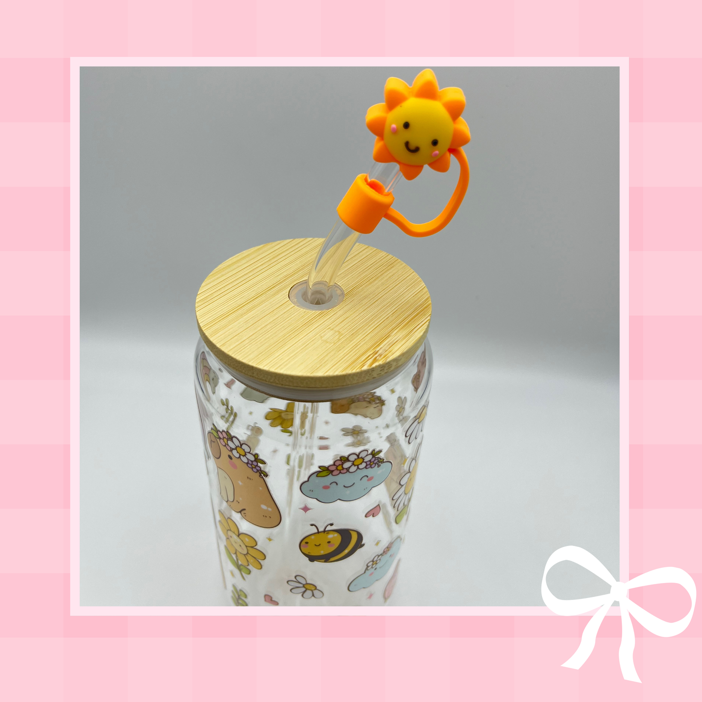 Double sided Capybara 18 Oz Glass cup with Bamboo lid, Straw toppers and Gift box.