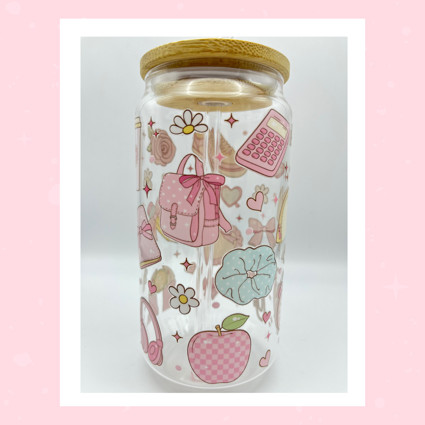 Double sided Cute Girly Pink Office School 18 Oz Glass cup with Bamboo lid, Straw topper and Gift Box.