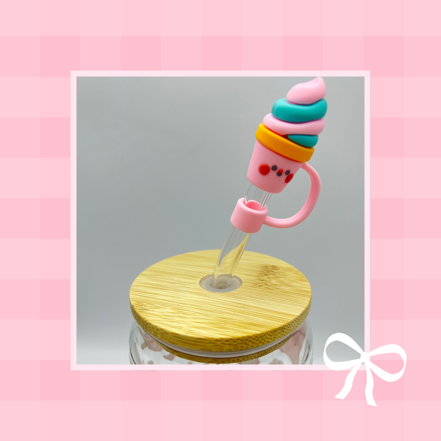 Double sided Cute Girly Pink Office School 18 Oz Glass cup with Bamboo lid, Straw topper and Gift Box.