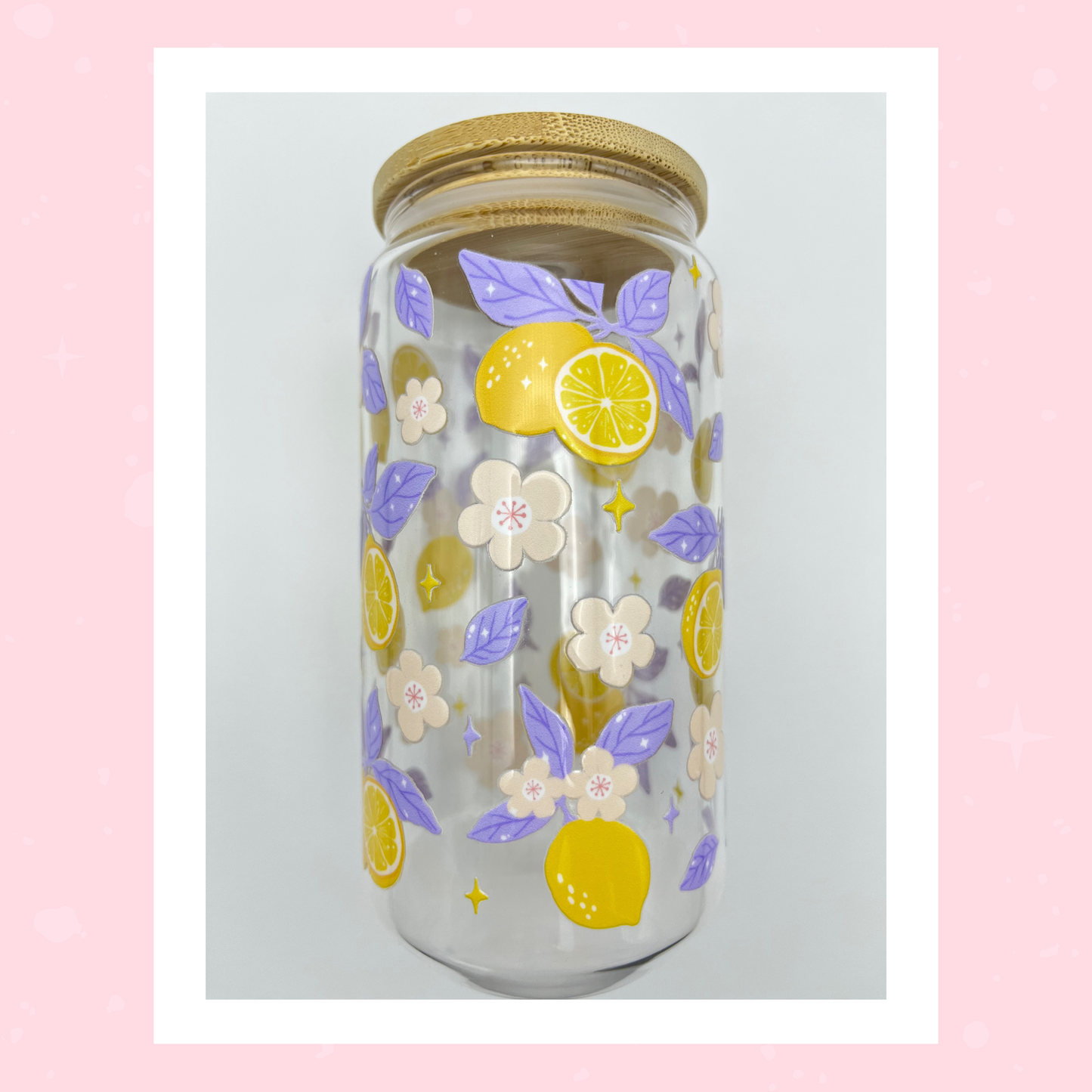 Double sided Lemon Bliss 18 Oz Glass cup with Bamboo lid, Straw topper and Gift Box.