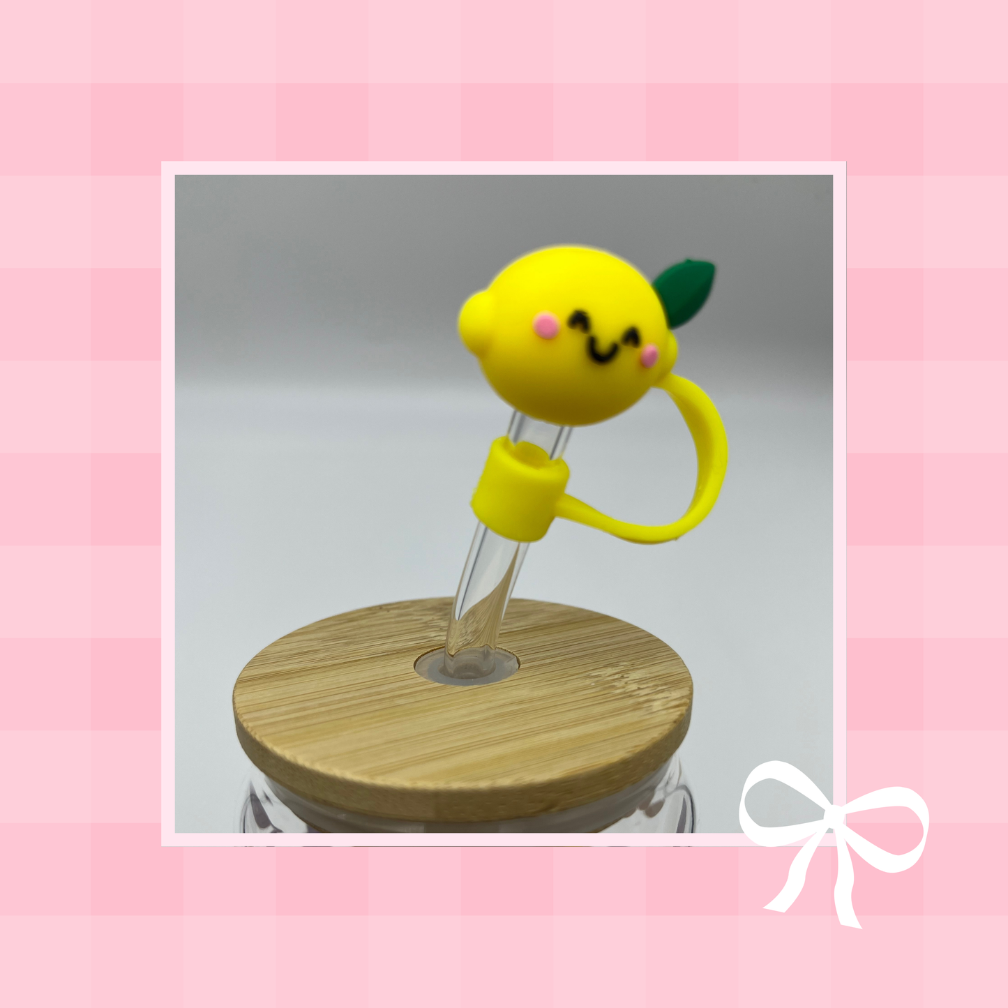 Double sided Lemon Bliss 18 Oz Glass cup with Bamboo lid, Straw topper and Gift Box.