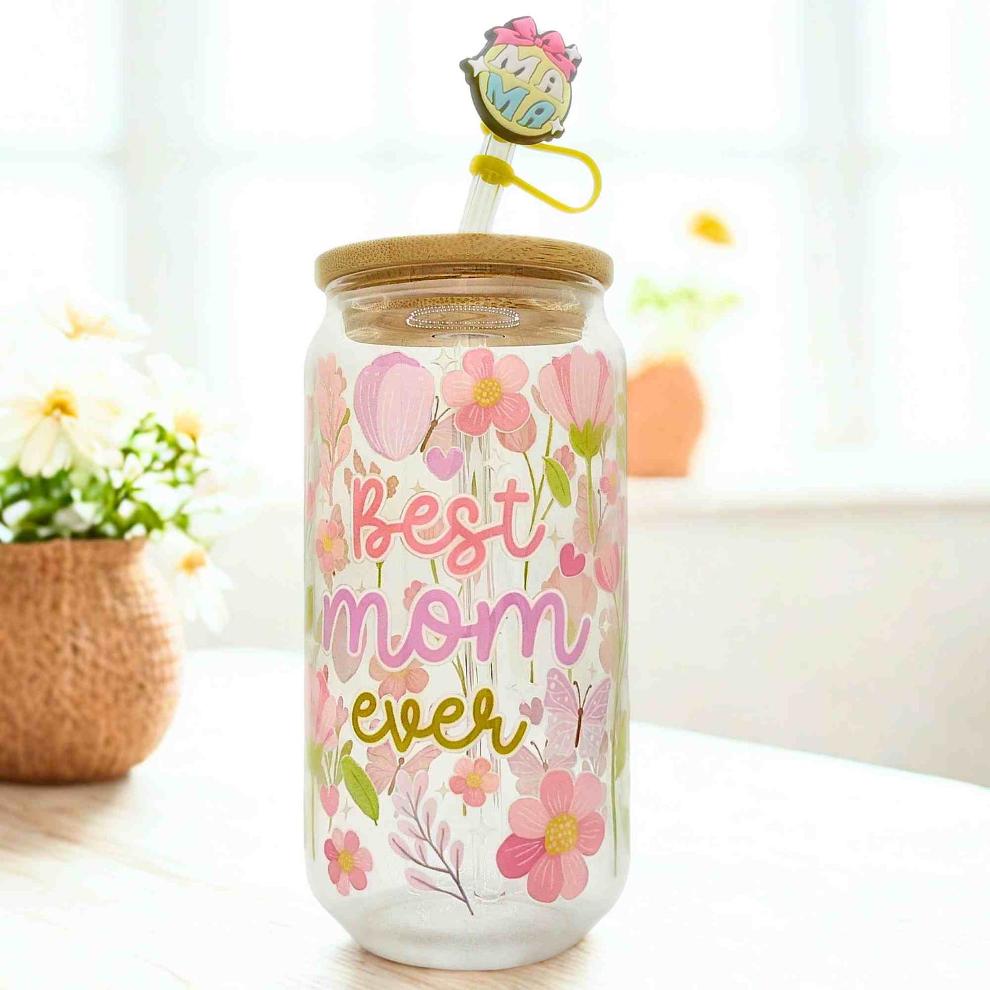 Mother's day Gifts Glass Can with Bamboo Lid, Straw topper & Gift Box | 18oz Iced Coffee Cup | Eco-Friendly - Reusable | Gift for Mom
