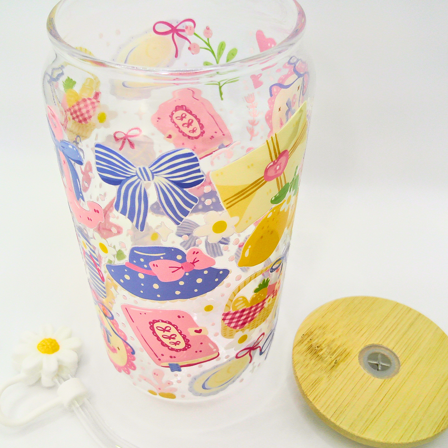 Coastal Girly Glass Can with Bamboo Lid, Straw topper & Gift Box | 18oz Iced Coffee Cup | Eco-Friendly - Reusable | Gift for Her