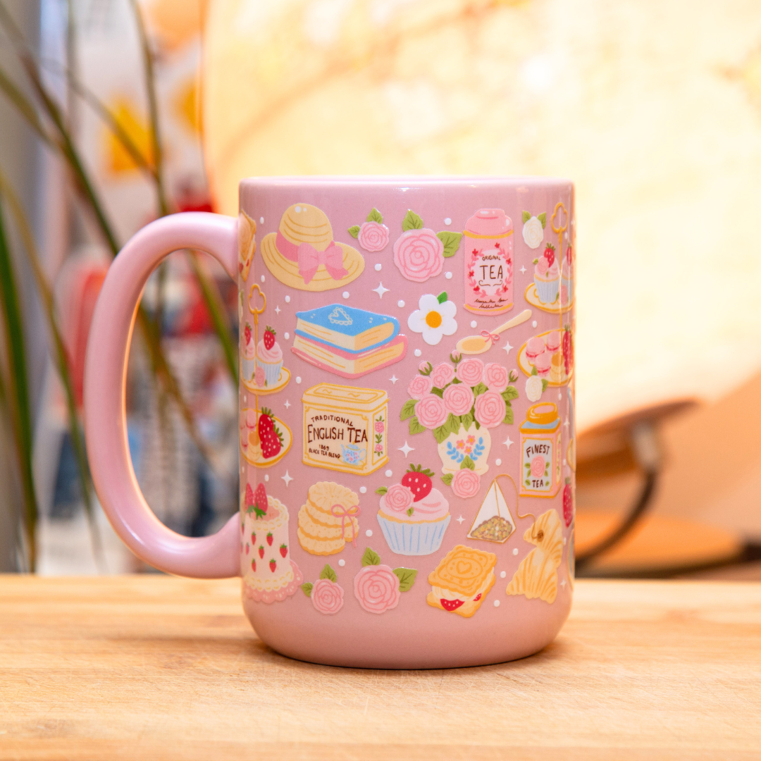 Cottagecore Afternoon Tea Ceramic Mug with Gift Box | 15oz Pink Ceramic Mug | Tea Lover Gifts