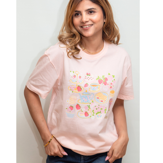 20% OFF Light Pink Cottagecore Boxy Tee | Afternoon Tea Design | 100% Cotton Made in Canada