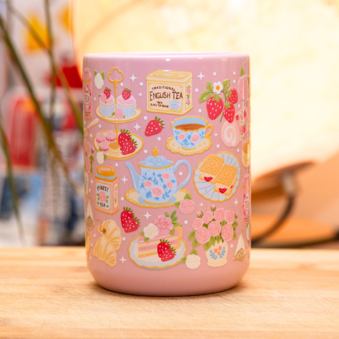 Cottagecore Afternoon Tea Ceramic Mug with Gift Box | 15oz Pink Ceramic Mug | Tea Lover Gifts