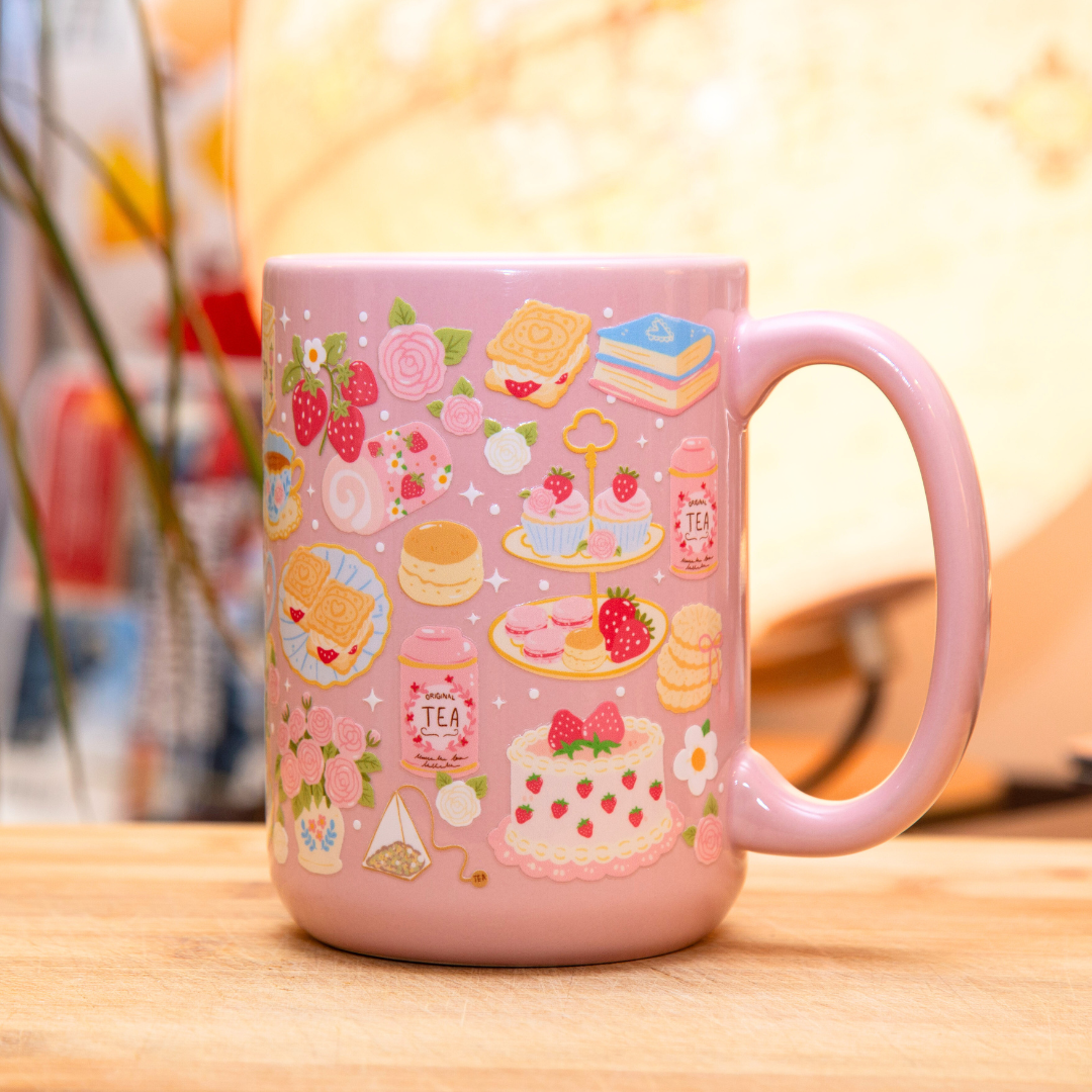 Cottagecore Afternoon Tea Ceramic Mug with Gift Box | 15oz Pink Ceramic Mug | Tea Lover Gifts