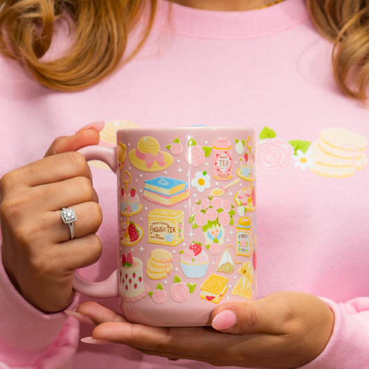 Cottagecore Afternoon Tea Ceramic Mug with Gift Box | 15oz Pink Ceramic Mug | Tea Lover Gifts