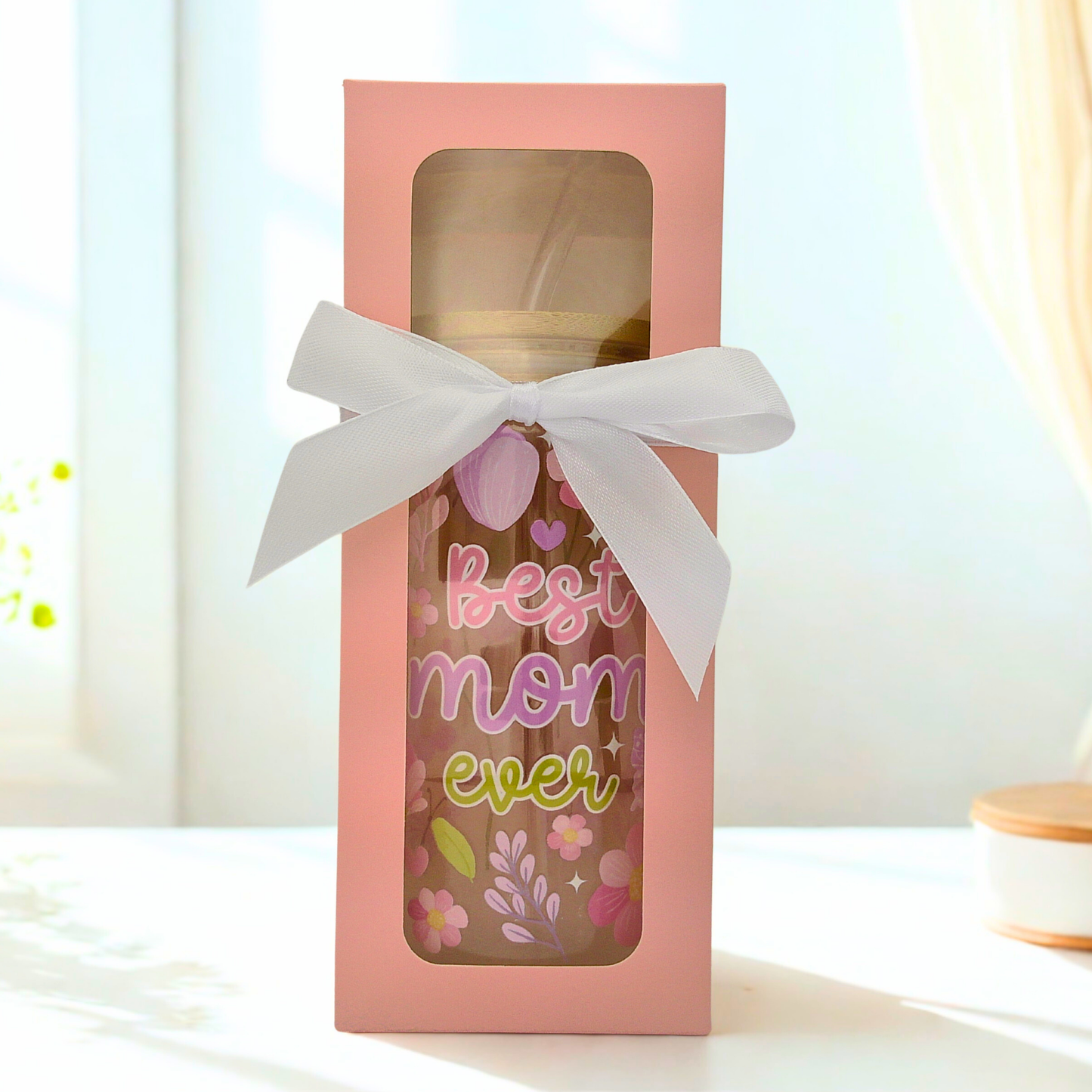 Mother's day Gifts Glass Can with Bamboo Lid, Straw topper & Gift Box | 18oz Iced Coffee Cup | Eco-Friendly - Reusable | Gift for Mom