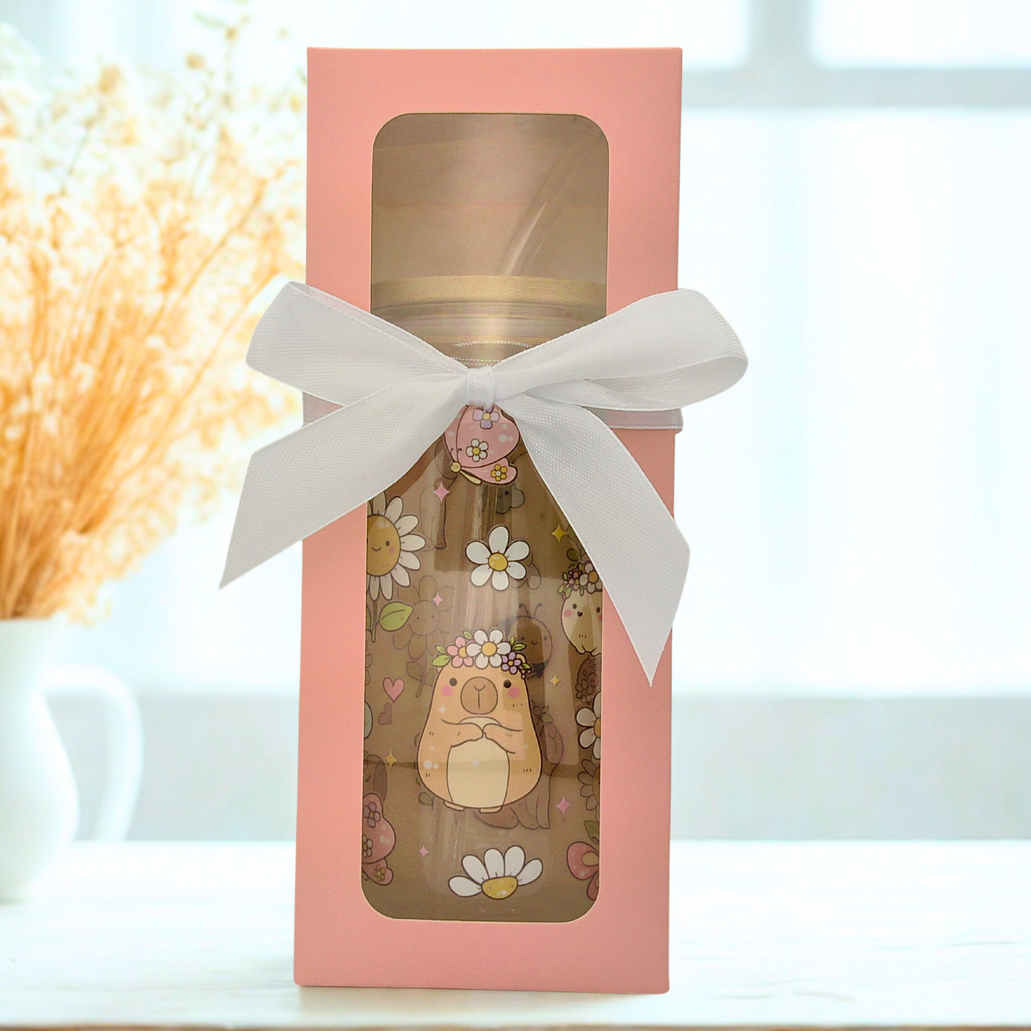 Double-Sided Capybara Glass Cup Set 18oz | Cute Sun Topper & Gift Box