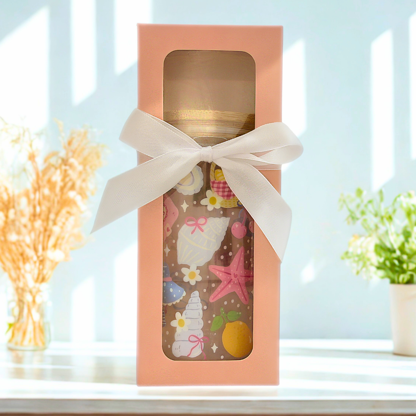 Coastal Girly Glass Can with Bamboo Lid, Straw topper & Gift Box | 18oz Iced Coffee Cup | Eco-Friendly - Reusable | Gift for Her