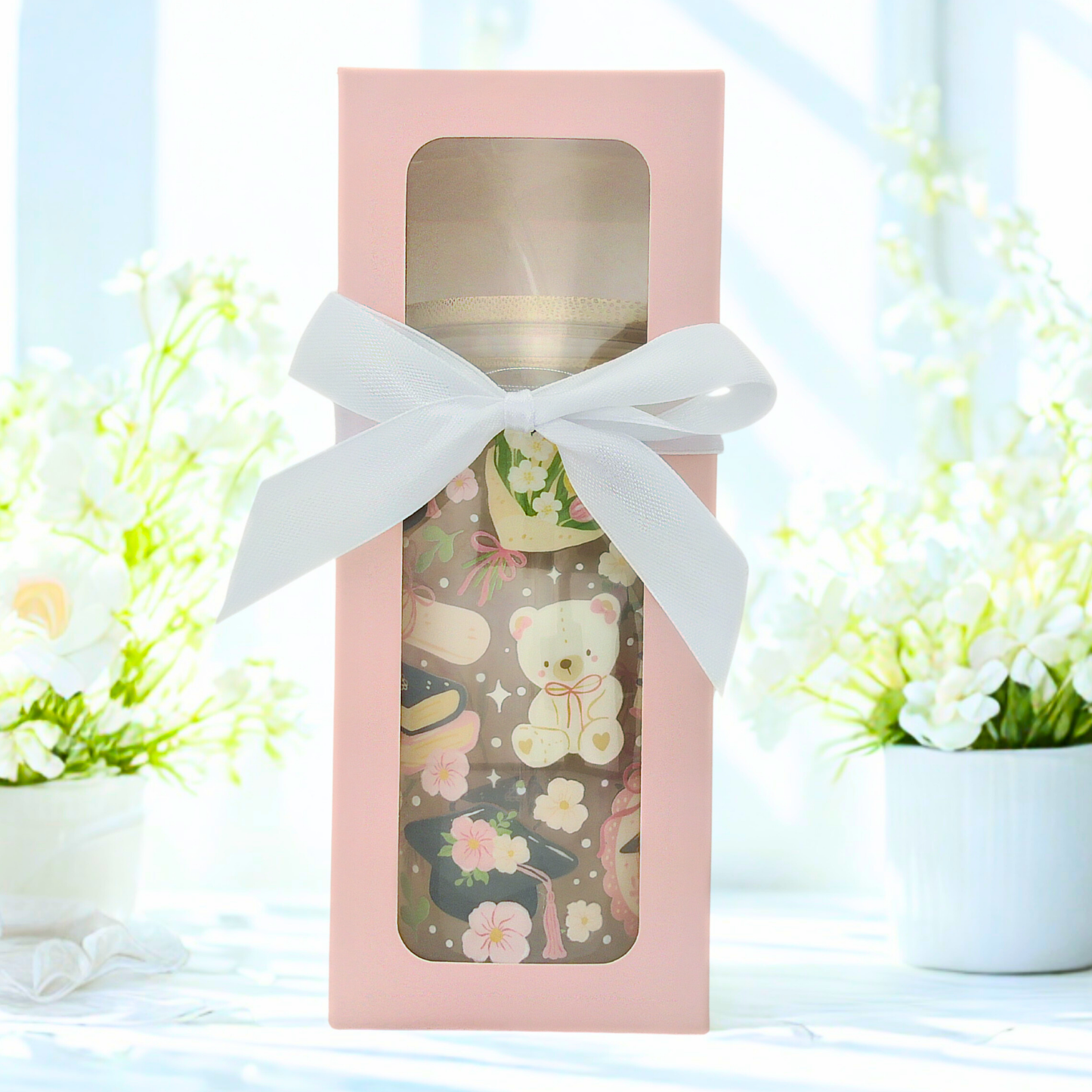 Double-Sided Graduation Glass Cup Set 18oz | Cute Grad Design with Gift Box