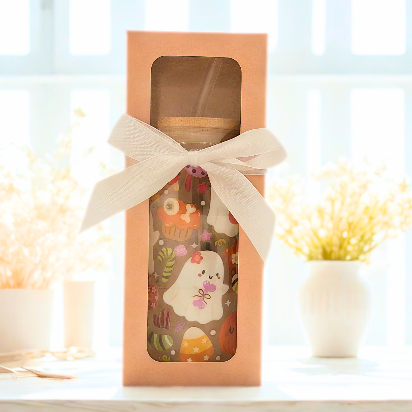 20 % OFF Double-Sided Halloween Glass Cup Set 18oz | Cute Ghost Straw Topper & Gift Box