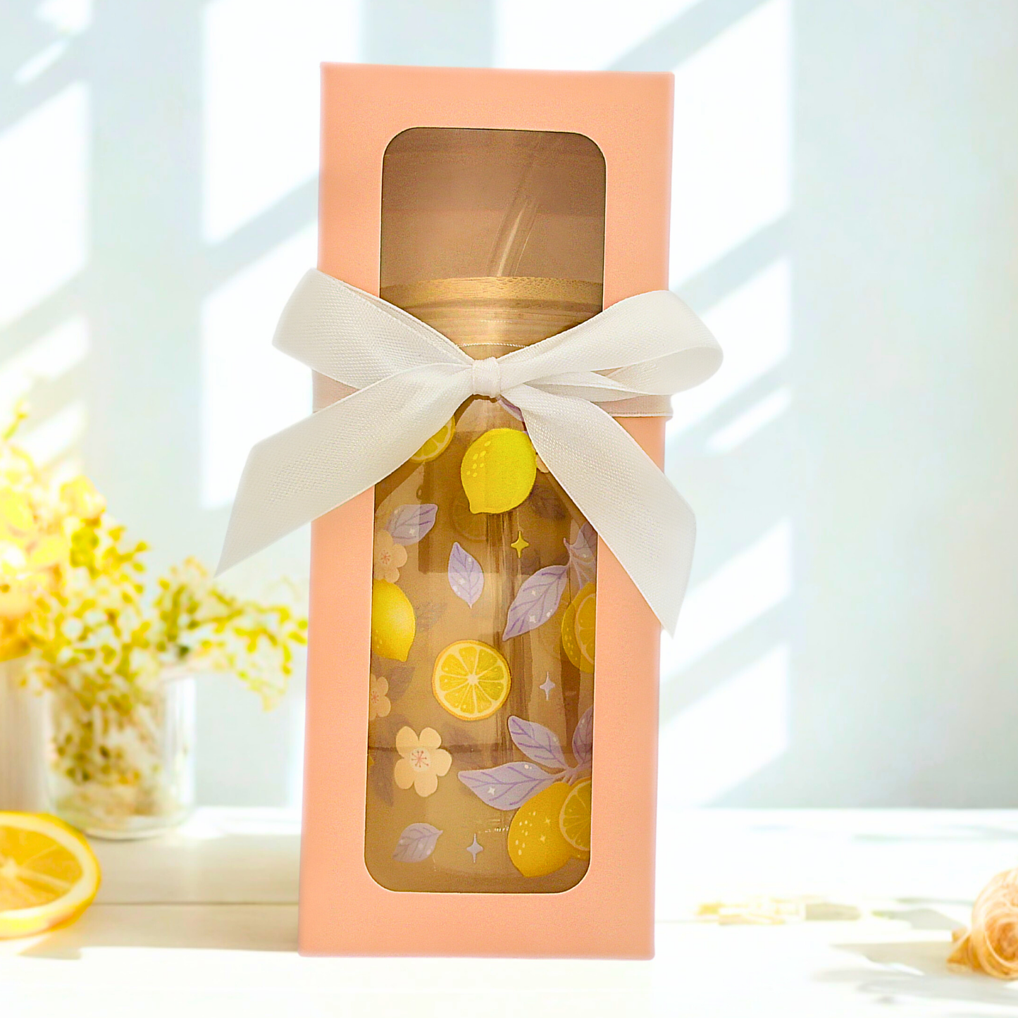Double sided Lemon Bliss Glass Can with Bamboo Lid, Straw topper & Gift Box | 18oz Iced Coffee Cup | Eco-Friendly - Reusable | Gift for her