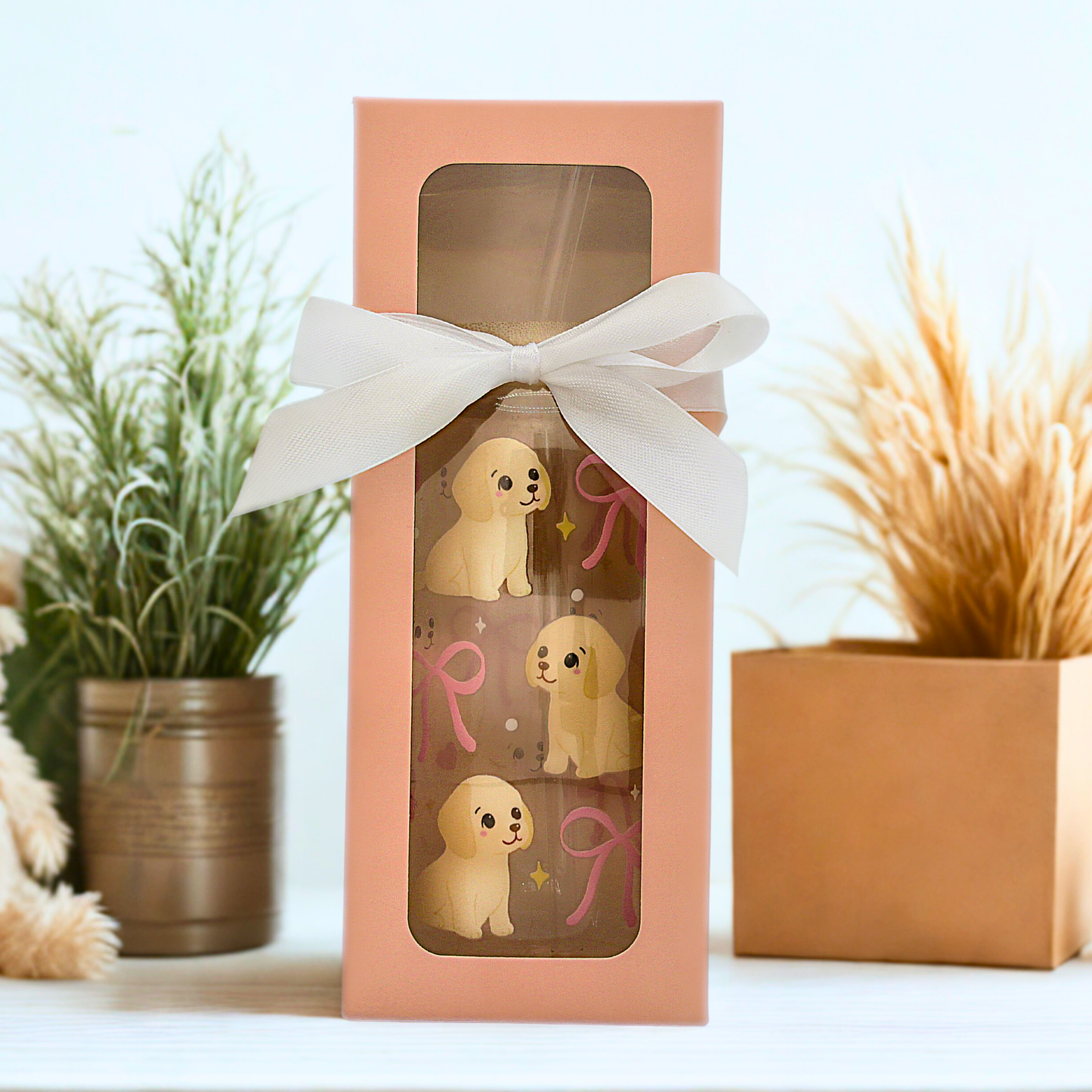25% OFF Double sided Puppies with Bow Glass Can with Bamboo Lid, Straw topper & Gift Box | 18oz Iced Coffee Cup | Eco-Friendly - Reusable | Gift for Dog Lover