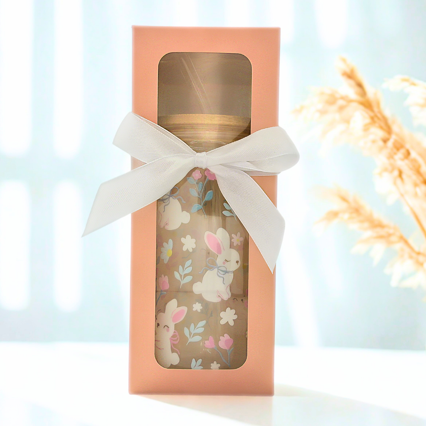 Double sided Spring Bunnies Blossom Glass Can with Bamboo Lid, Straw topper & Gift Box | 18oz Iced Coffee Cup | Eco-Friendly - Reusable | Gift for her
