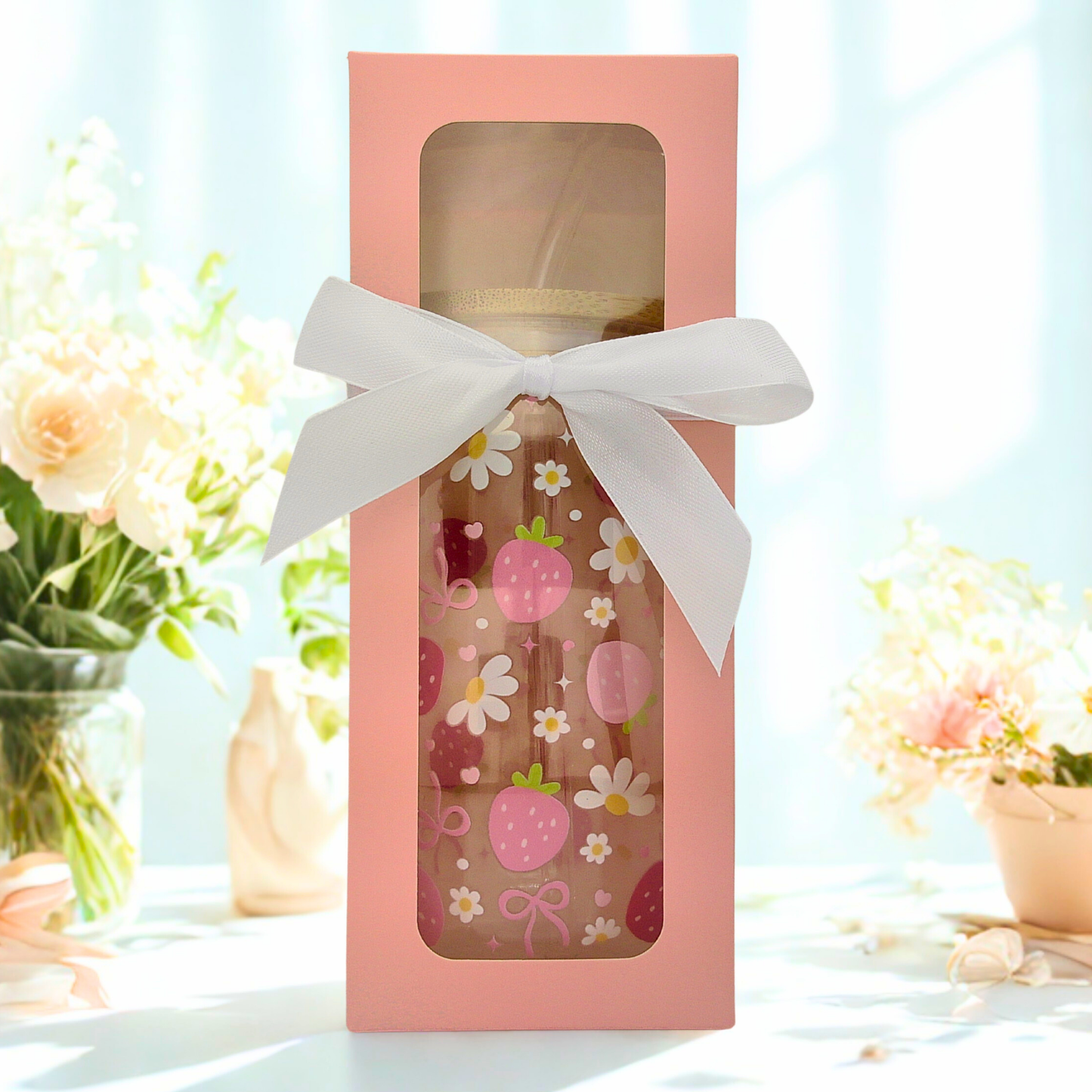 20% OFF Double-Sided Strawberries Glass Cup Set 18oz | Sweet Strawberry Design with Gift Box