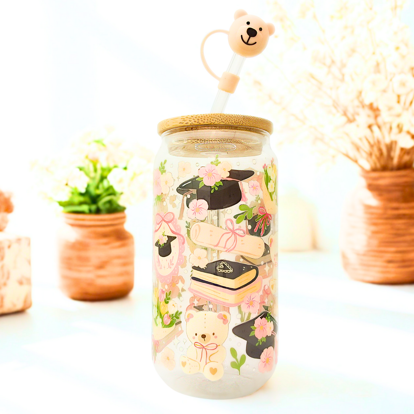 Graduation Glass Can with Bamboo Lid, Straw topper & Gift Box | 18oz Iced Coffee Cup | Eco-Friendly - Reusable | Graduation Gifts