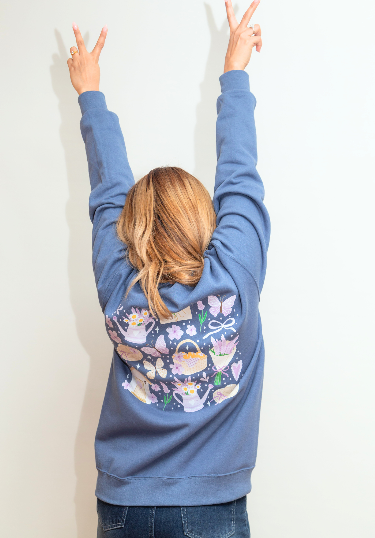 20% OFF Lavender-Themed Denim Blue Sweatshirt with Books, Teapot & Bread Basket | Cottagecore Cozy