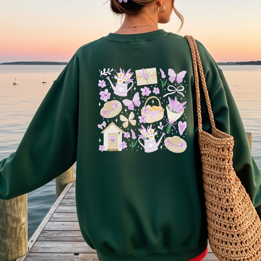 20% OFF Lavender-Themed Green Sweatshirt with Books | Cottagecore