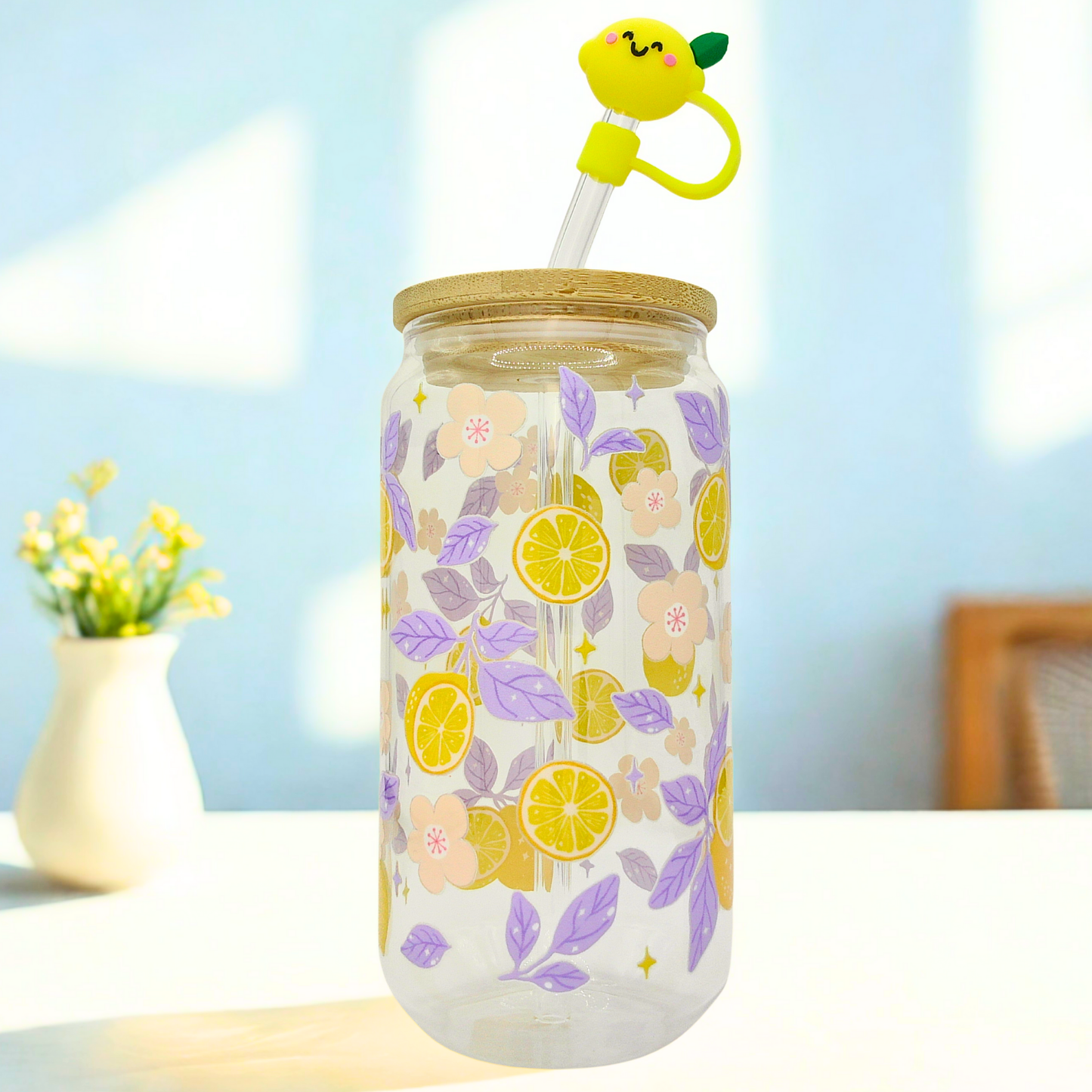 Double sided Lemon Bliss Glass Can with Bamboo Lid, Straw topper & Gift Box | 18oz Iced Coffee Cup | Eco-Friendly - Reusable | Gift for her