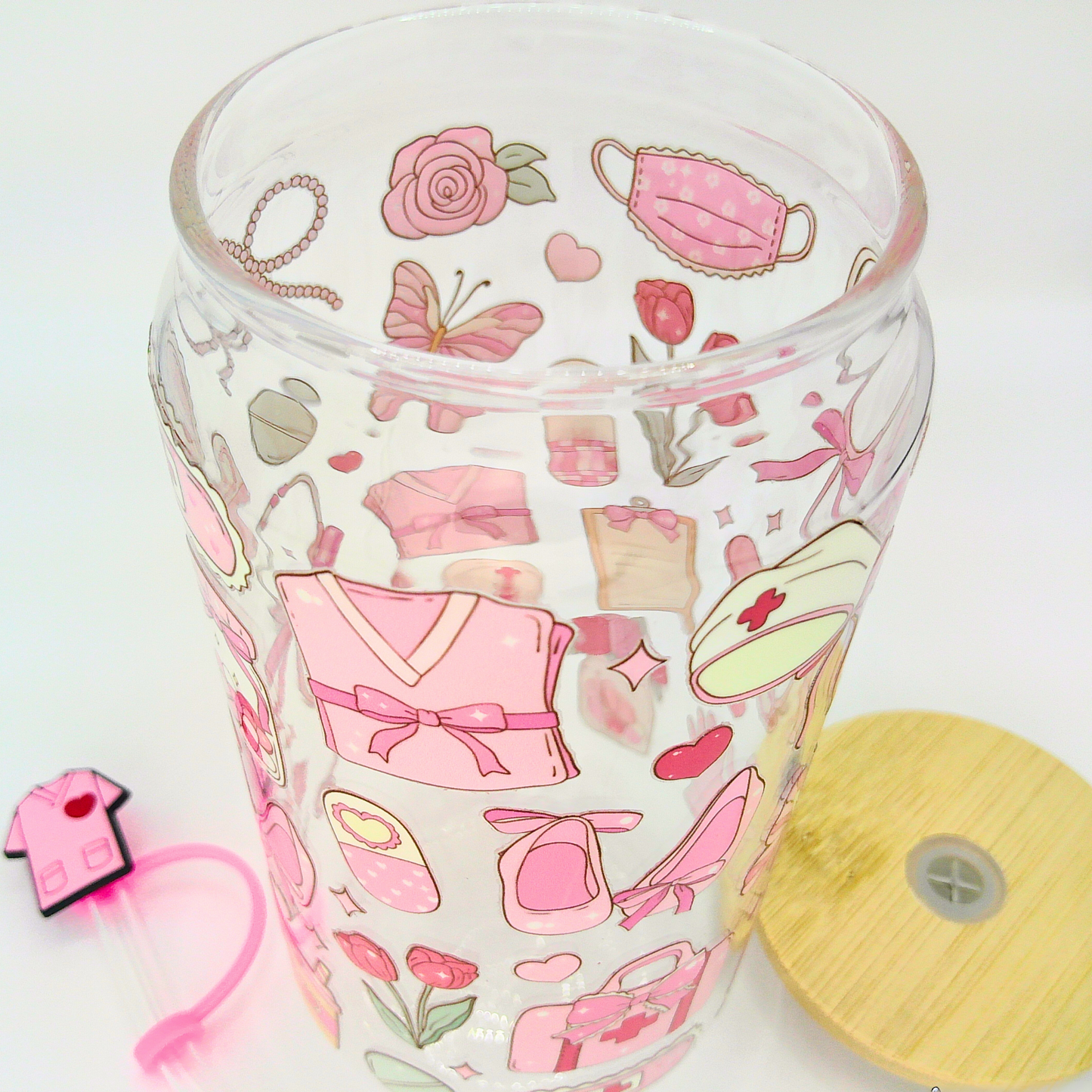 Double sided Nurse Glass Can with Bamboo Lid, Straw topper & Gift Box | 18oz Iced Coffee Cup | Eco-Friendly - Reusable | Gift for Nurse