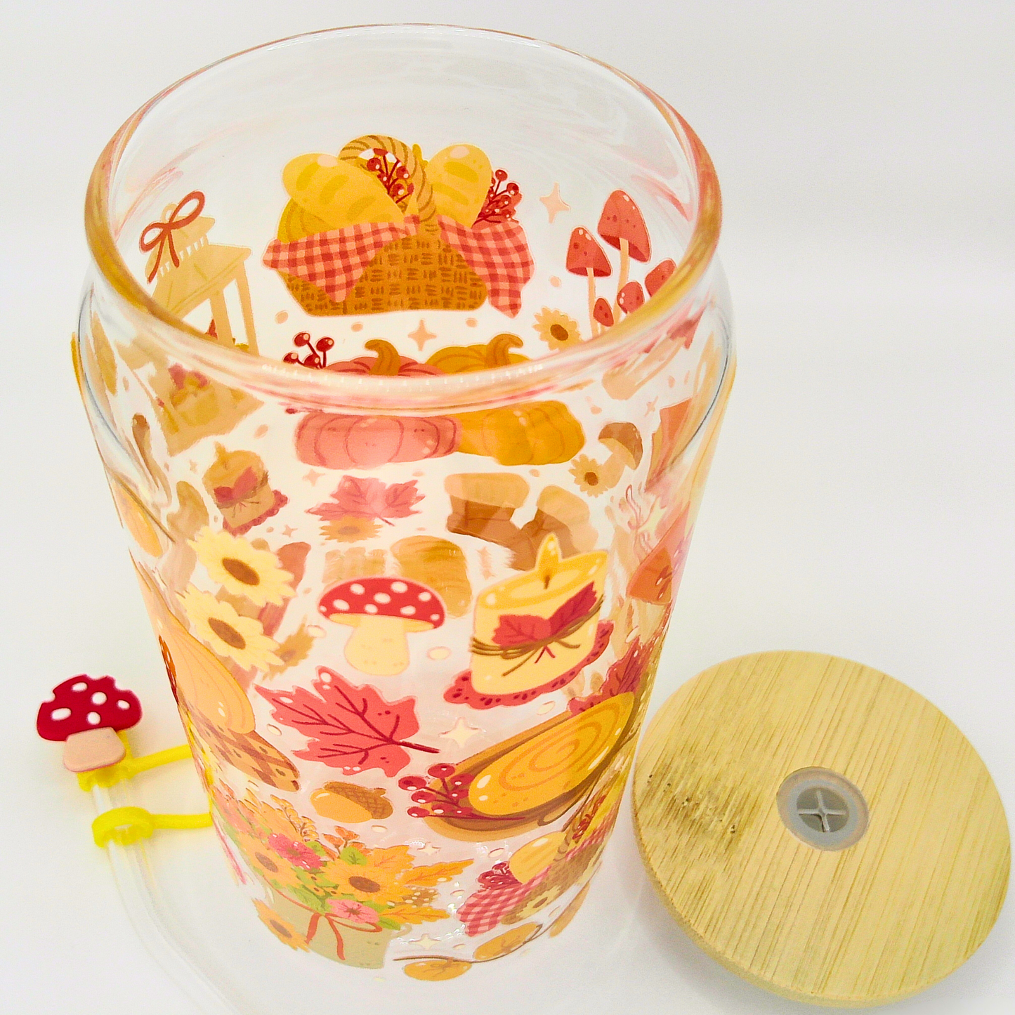 25% OFF Fall Pumpkin Mushroom Glass Can with Bamboo Lid, Straw topper & Gift Box | 18oz Iced Coffee Cup | Eco-Friendly - Reusable | Gift for Her