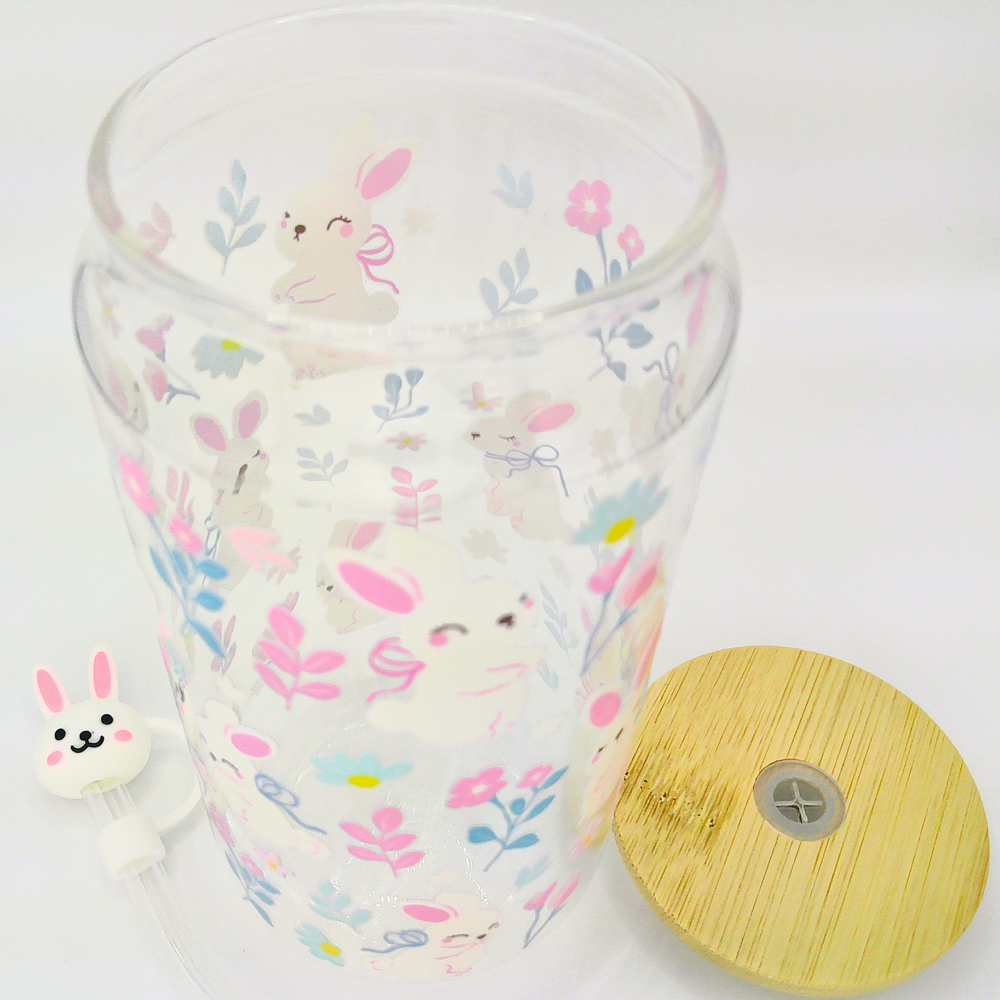 Double sided Spring Bunnies Blossom Glass Can with Bamboo Lid, Straw topper & Gift Box | 18oz Iced Coffee Cup | Eco-Friendly - Reusable | Gift for her