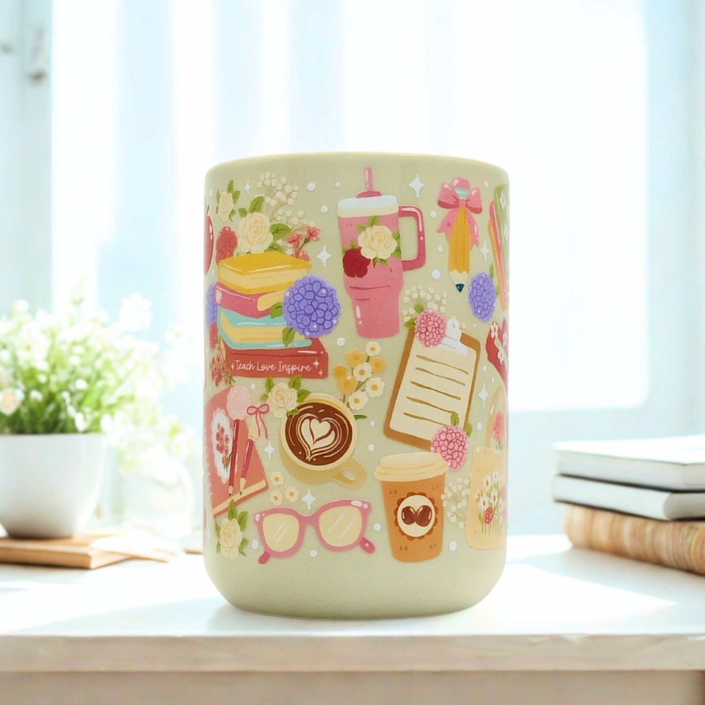 Teacher's Day Ceramic Mug with Gift Box | 15oz Ceramic Mug | Teach Love Inspire Teacher Desk Design | Gift for Teachers