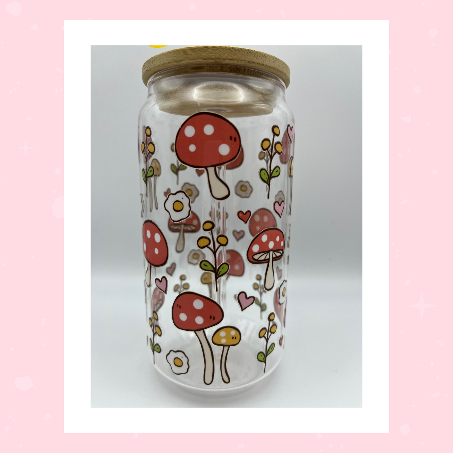 Double sided Mushroom 18 Oz Glass cup with Bamboo lid, Straw topper and Gift Box.