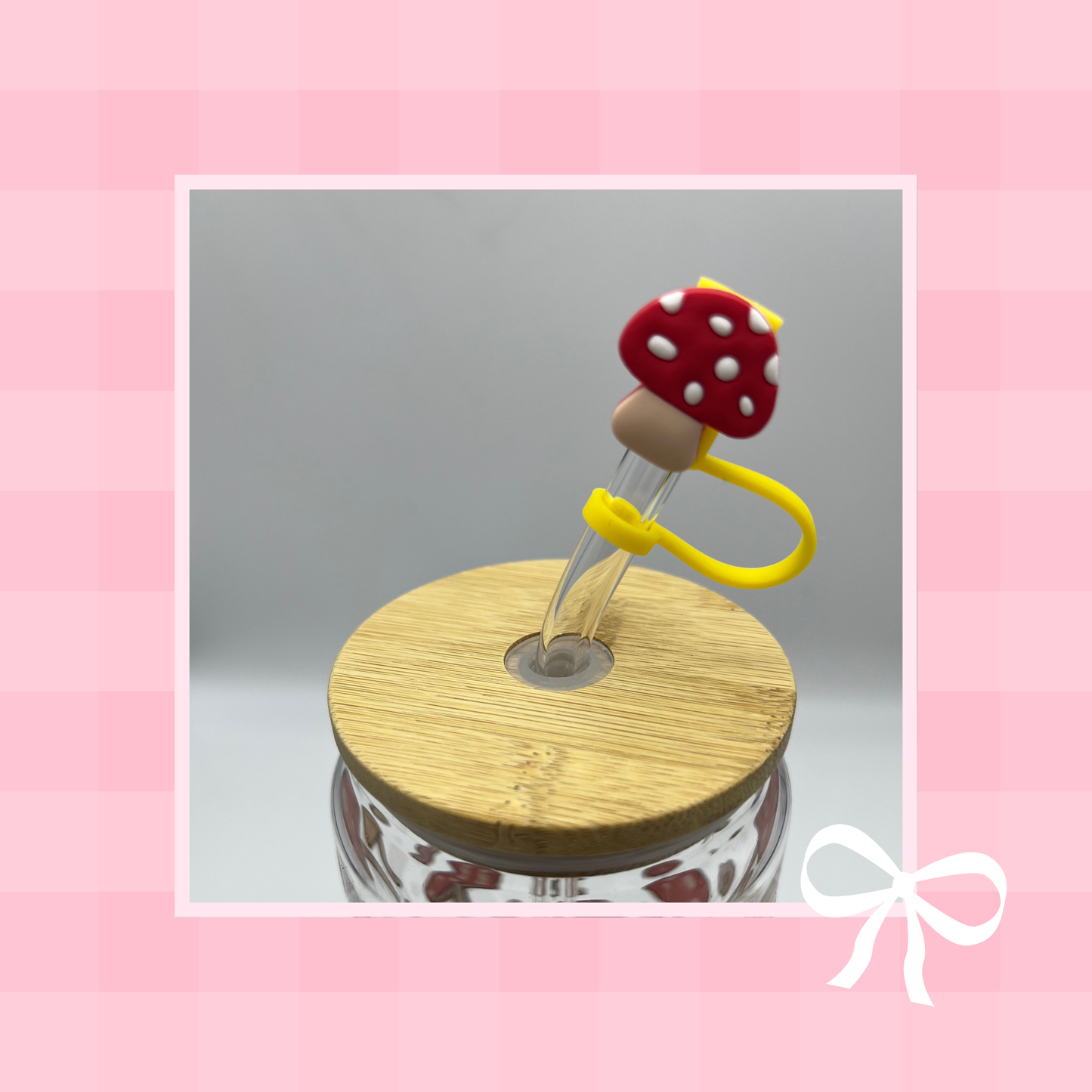 Double sided Mushroom 18 Oz Glass cup with Bamboo lid, Straw topper and Gift Box.