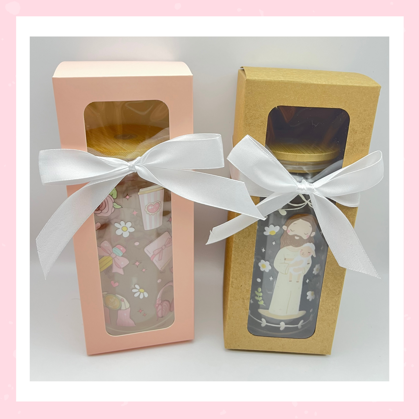 Double sided Strawberries 18 Oz Glass cup with Bamboo lid, Straw toppers and Gift Box.