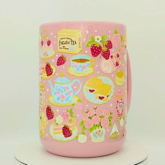 Cottagecore Afternoon Tea Ceramic Mug with Gift Box | 15oz Pink Ceramic Mug | Tea Lover Gifts