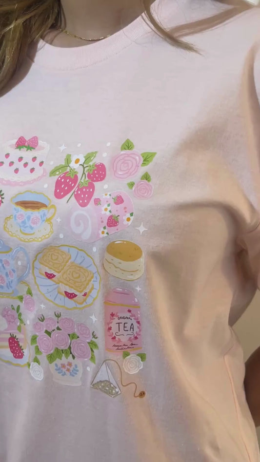20% OFF Light Pink Cottagecore Boxy Tee | Afternoon Tea Design | 100% Cotton Made in Canada
