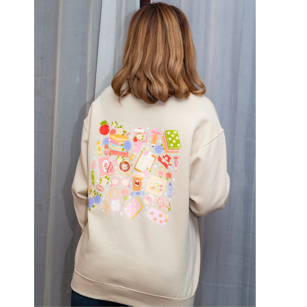20% OFF School-Themed Sweatshirt with Books, Flowers & Classroom Essentials | Cozy Wear for students and Teachers