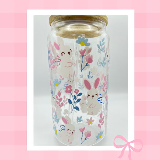 Double sided Spring Bunnies Blossom 18 Oz Glass cup with Bamboo lid, Straw topper and Gift Box