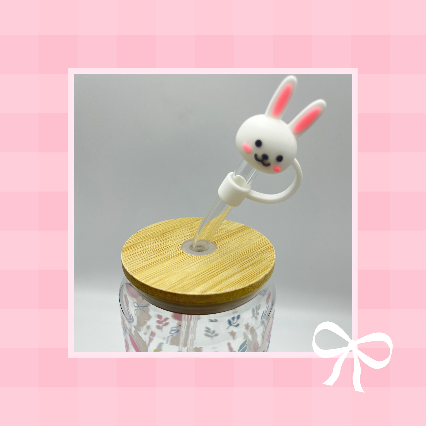 Double sided Spring Bunnies Blossom 18 Oz Glass cup with Bamboo lid, Straw topper and Gift Box