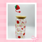 Double sided Strawberries 18 Oz Glass cup with Bamboo lid, Straw toppers and Gift Box.