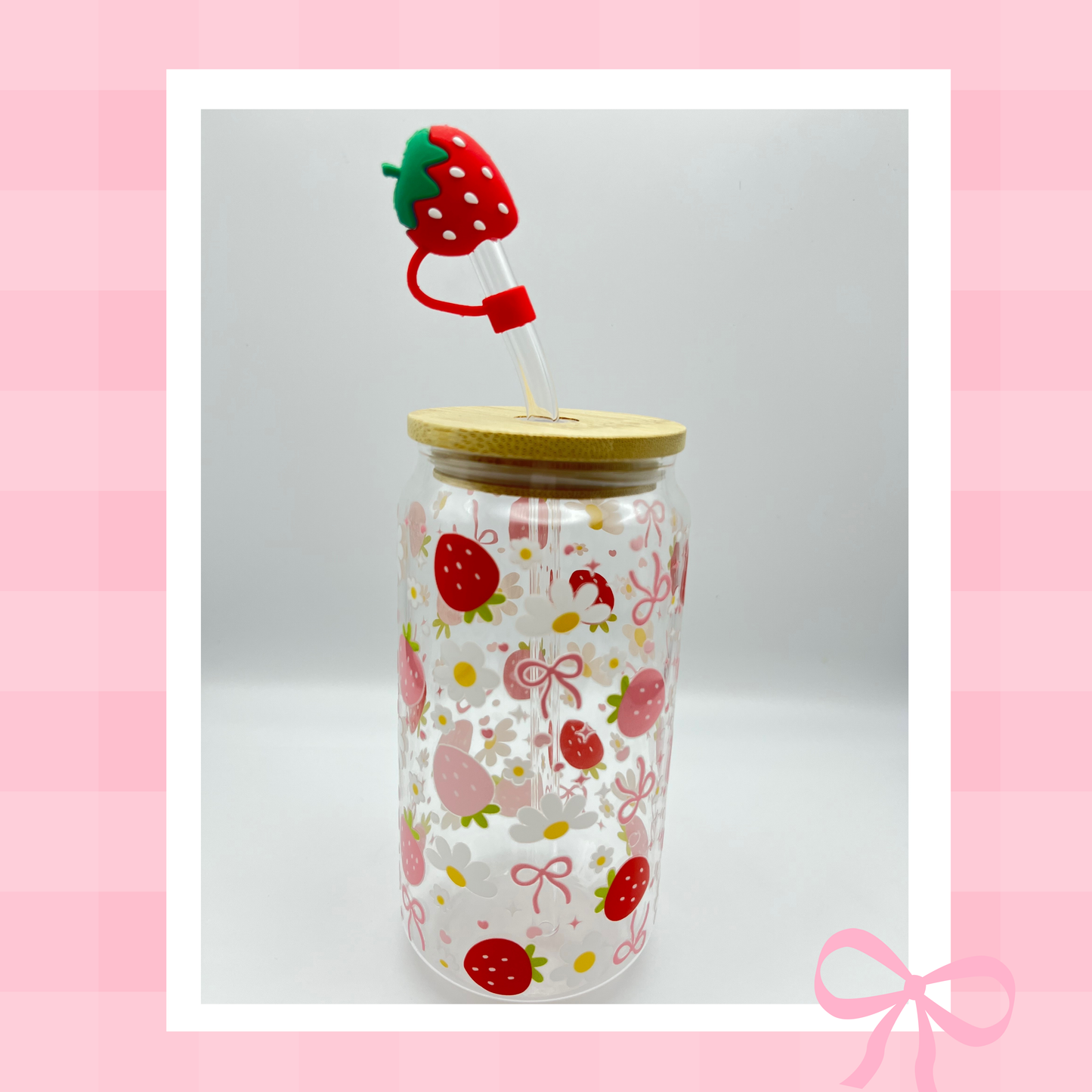 Double sided Strawberries 18 Oz Glass cup with Bamboo lid, Straw toppers and Gift Box.