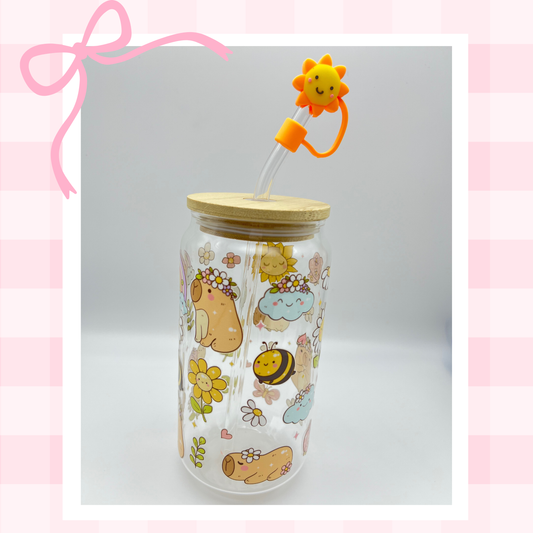Double sided Capybara 18 Oz Glass cup with Bamboo lid, Straw toppers and Gift box.