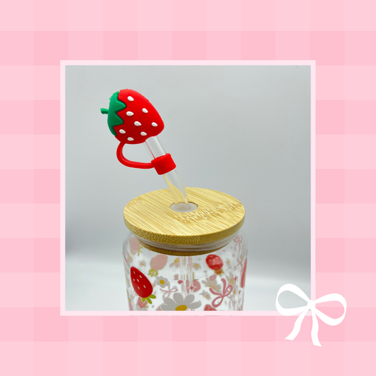 Double sided Strawberries 18 Oz Glass cup with Bamboo lid, Straw toppers and Gift Box.