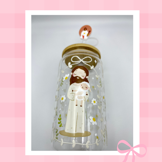 Double sided Jesus with Lamb 18 Oz Glass cup with Bamboo lid, Straw topper and Gift Box.
