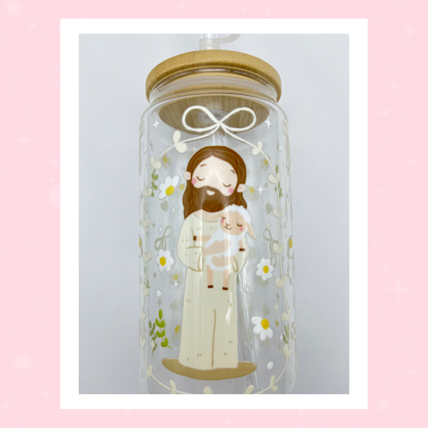 Double sided Jesus with Lamb 18 Oz Glass cup with Bamboo lid, Straw topper and Gift Box.