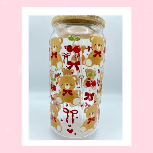 Double sided Bears and Cherries 18 Oz Glass cup with Bamboo lid, Straw topper and Gift Box.